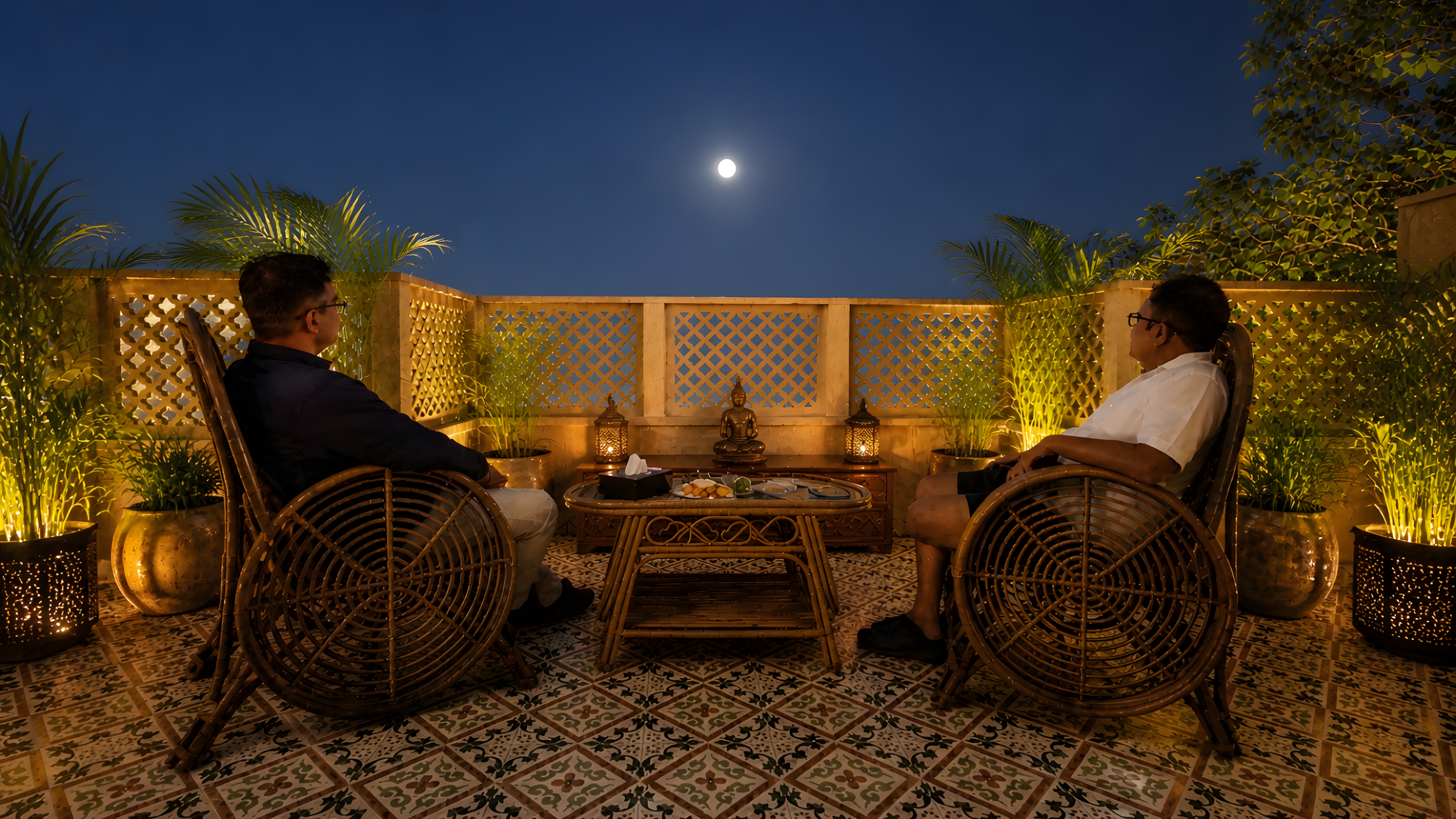 Guests relaxing on the moonlit terrace at Maharana Mahal heritage hotel Varanasi, with bamboo chairs, lanterns and sacred Ganga view — Pravaah patio café, boutique palace hotel on Rana Mahal Ghat